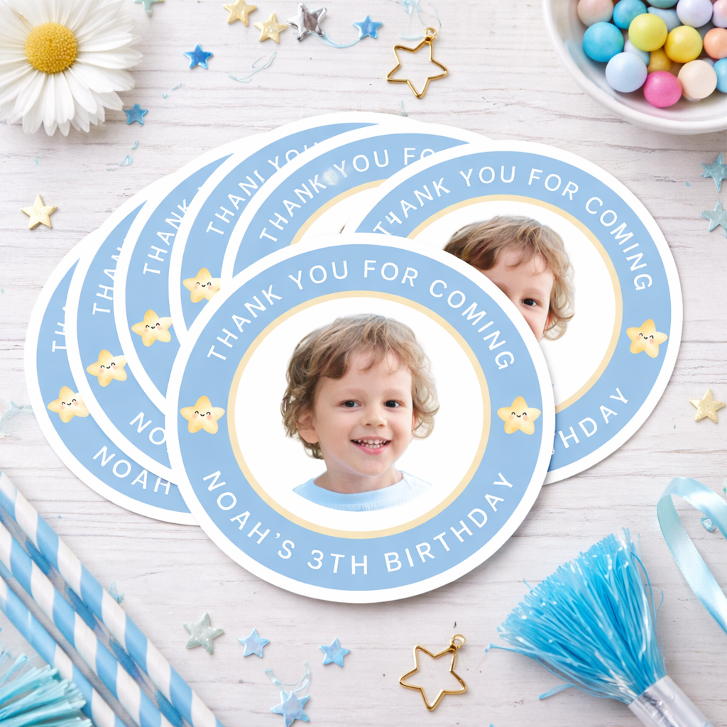 Personalized Blue Birthday Thank You Stickers – Custom Photo, Name & Age Party Favor Stickers