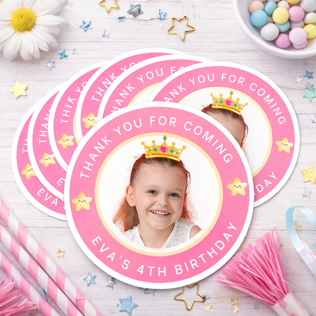 Personalized Pink Birthday Thank You Stickers – Custom Photo, Name & Age Party Favor Stickers