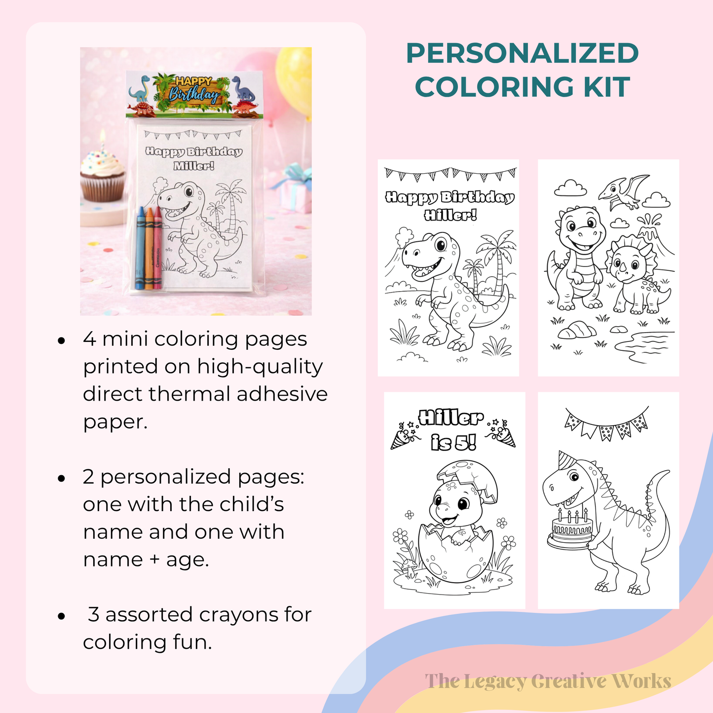 Dinosaur Birthday Coloring Kit with Crayons | Kids Party Favor Pack | Personalized Dino Coloring Activity | Dinosaur Party Theme