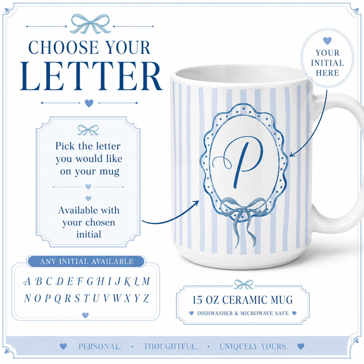 15 oz personalized ceramic mug with blue stripes, bow detail, and initial design