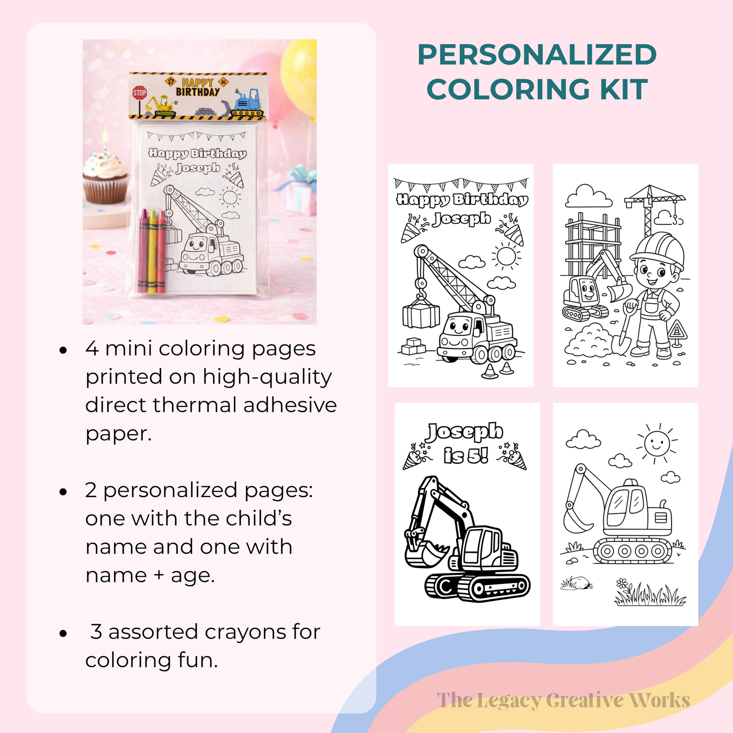 Construction Birthday Coloring Kit with Crayons | Kids Party Favor Pack | Personalized Truck Coloring Activity | Construction Party Theme