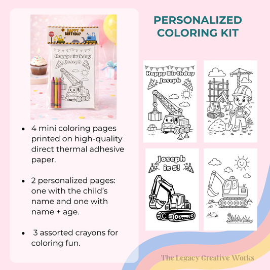 Construction Birthday Coloring Kit with Crayons | Kids Party Favor Pack | Personalized Truck Coloring Activity | Construction Party Theme
