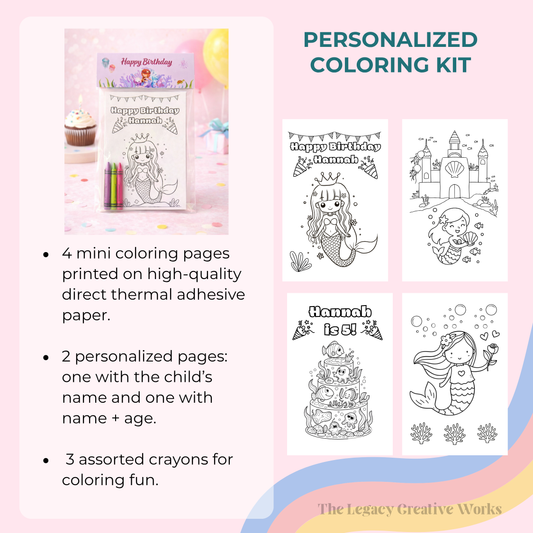 Mermaid Birthday Coloring Kit with Crayons | Kids Party Favor Pack | Personalized Mermaid Coloring Activity | Under the Sea Party Theme