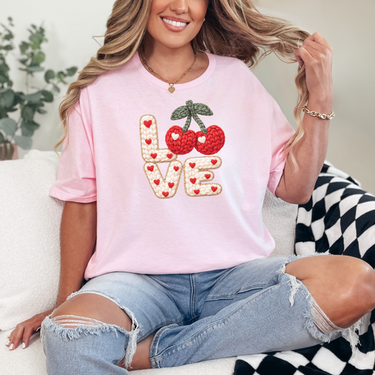 Crochet LOVE Cherry Valentine Graphic T-Shirt | Cute Handmade Style Tee