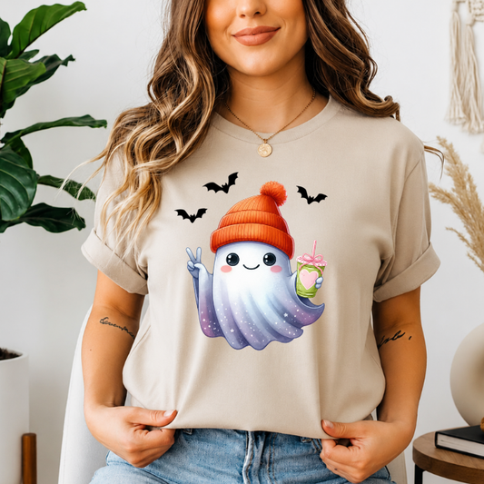 Cute Girly Ghost Drinking a Iced Matcha with Bow