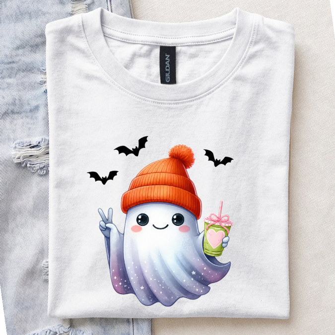 Cute Girly Ghost Drinking a Iced Matcha with Bow