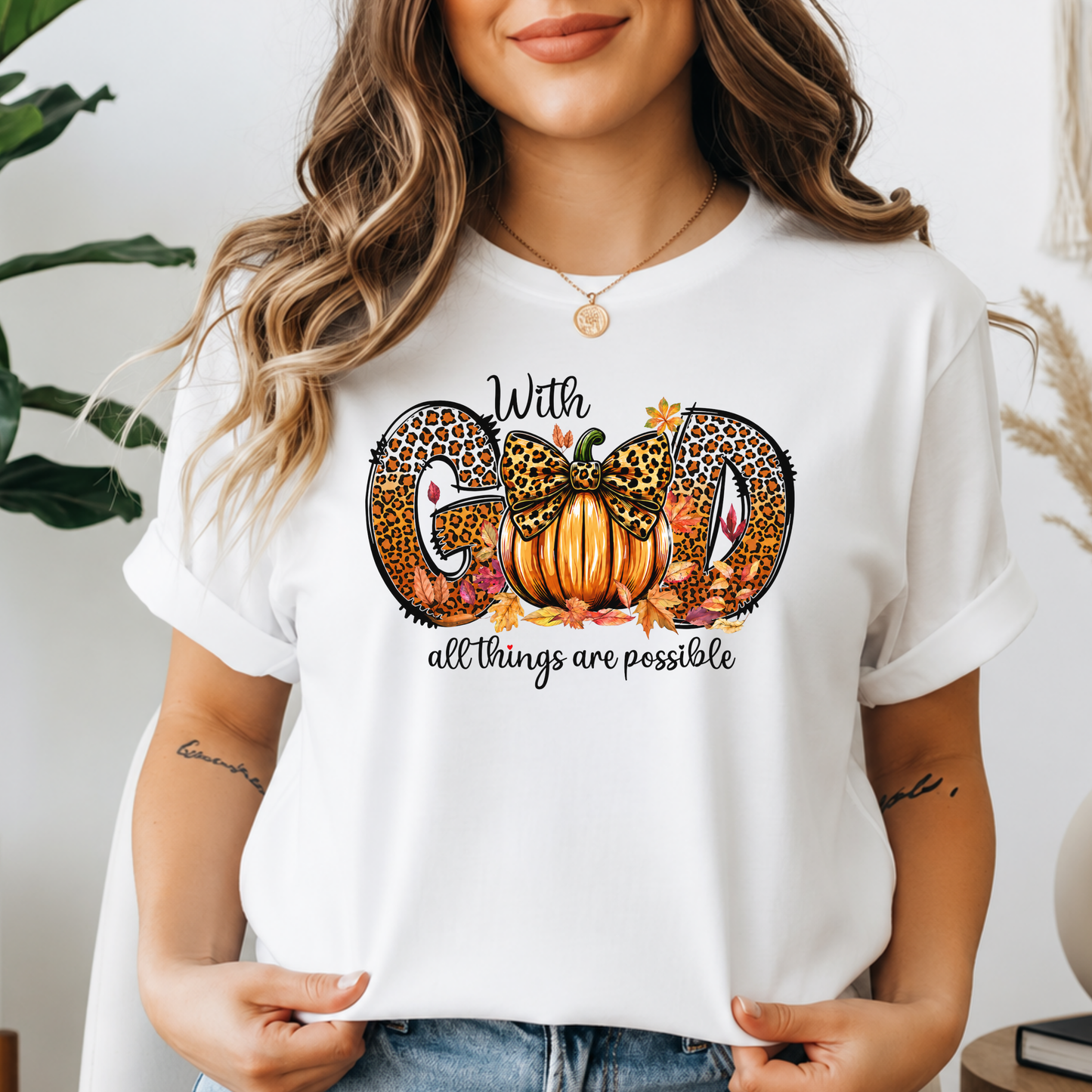 With God All Things Are Possible – Leopard Pumpkin Fall Tee