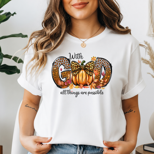 With God All Things Are Possible – Leopard Pumpkin Fall Tee