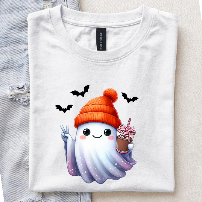 Cute Girly Ghost Drinking a Iced Latte with Bow