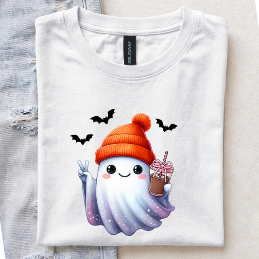 Cute Girly Ghost Drinking a Iced Latte with Bow