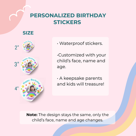 Personalized Birthday Face Stickers – Custom Photo, Name & Age