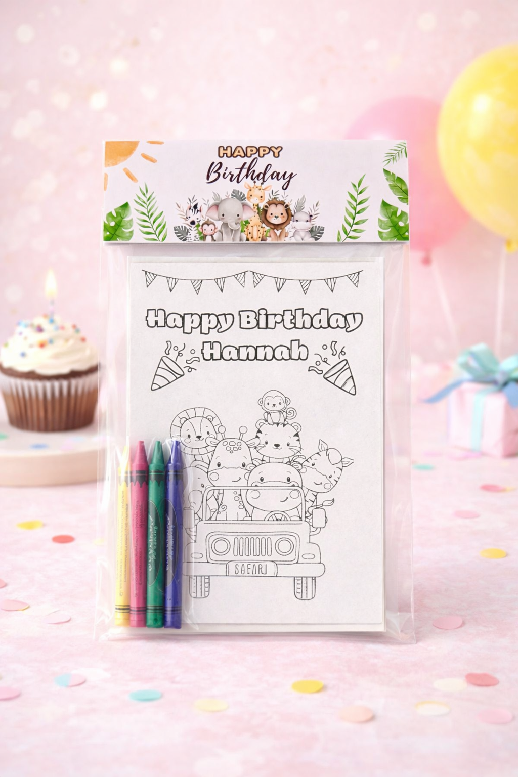 Safari Birthday Coloring Kit with Crayons | Kids Party Favor Pack | Personalized Coloring Activity for Kids | Jungle Birthday Theme