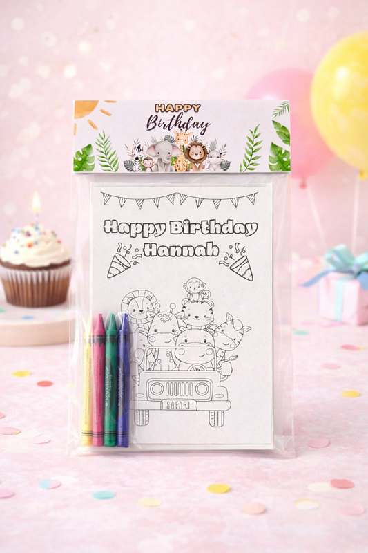 Safari Birthday Coloring Kit with Crayons | Kids Party Favor Pack | Personalized Coloring Activity for Kids | Jungle Birthday Theme