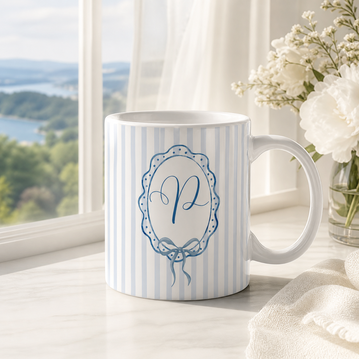 Personalized Monogram Name Mug, Blue Bow Coquette 15 oz Ceramic Mug