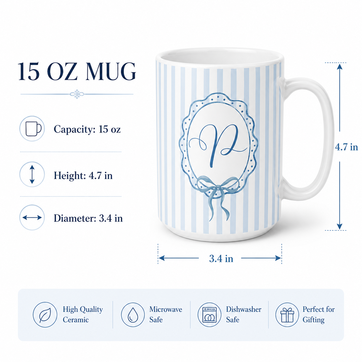 Personalized Monogram Name Mug, Blue Bow Coquette 15 oz Ceramic Mug