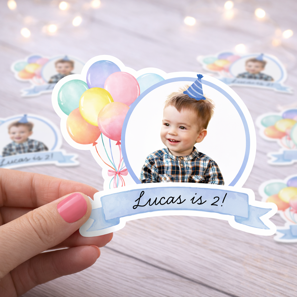 Personalized Blue Birthday Face Stickers with Balloons – Custom Photo, Name & Age Party Stickers