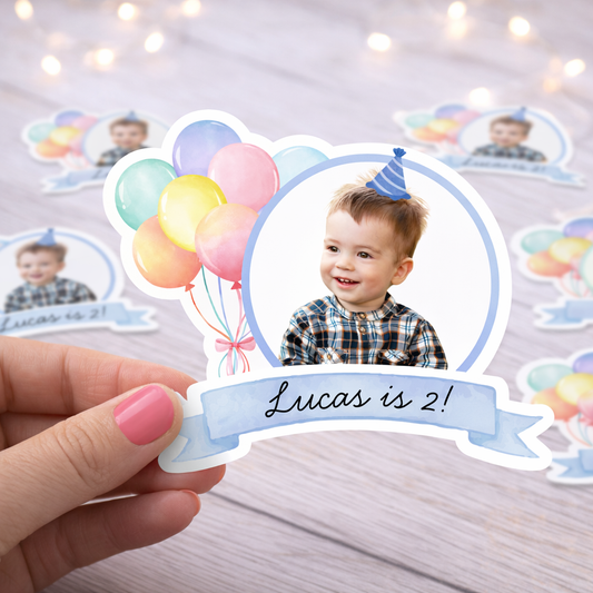 Personalized Blue Birthday Face Stickers with Balloons – Custom Photo, Name & Age Party Stickers