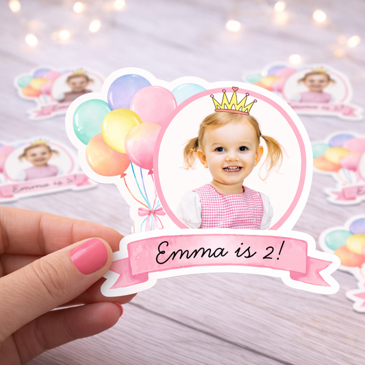 Personalized Birthday Face Stickers with Balloons – Custom Photo, Name & Age Party Stickers