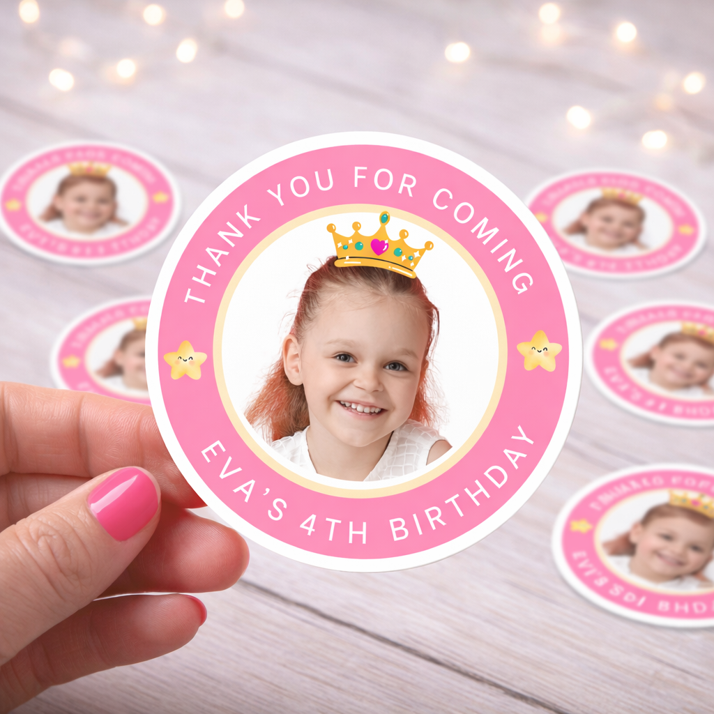 Personalized Pink Birthday Thank You Stickers – Custom Photo, Name & Age Party Favor Stickers