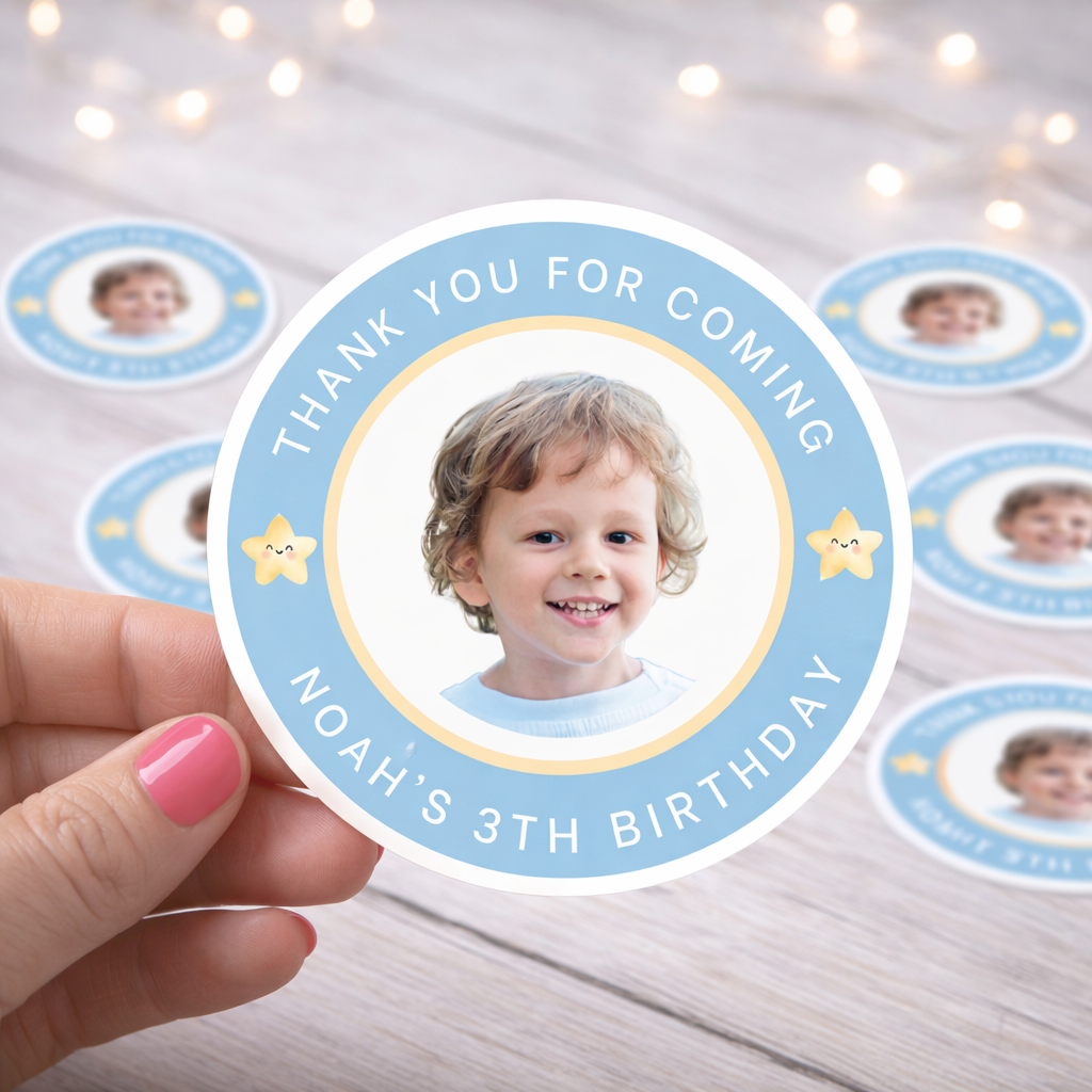 Personalized Blue Birthday Thank You Stickers – Custom Photo, Name & Age Party Favor Stickers
