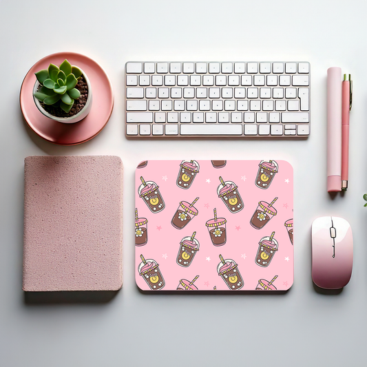Kawaii iced coffee mouse pad with pink background, smiling drink cups, whipped topping, and pastel floral accents – cute aesthetic desk accessory