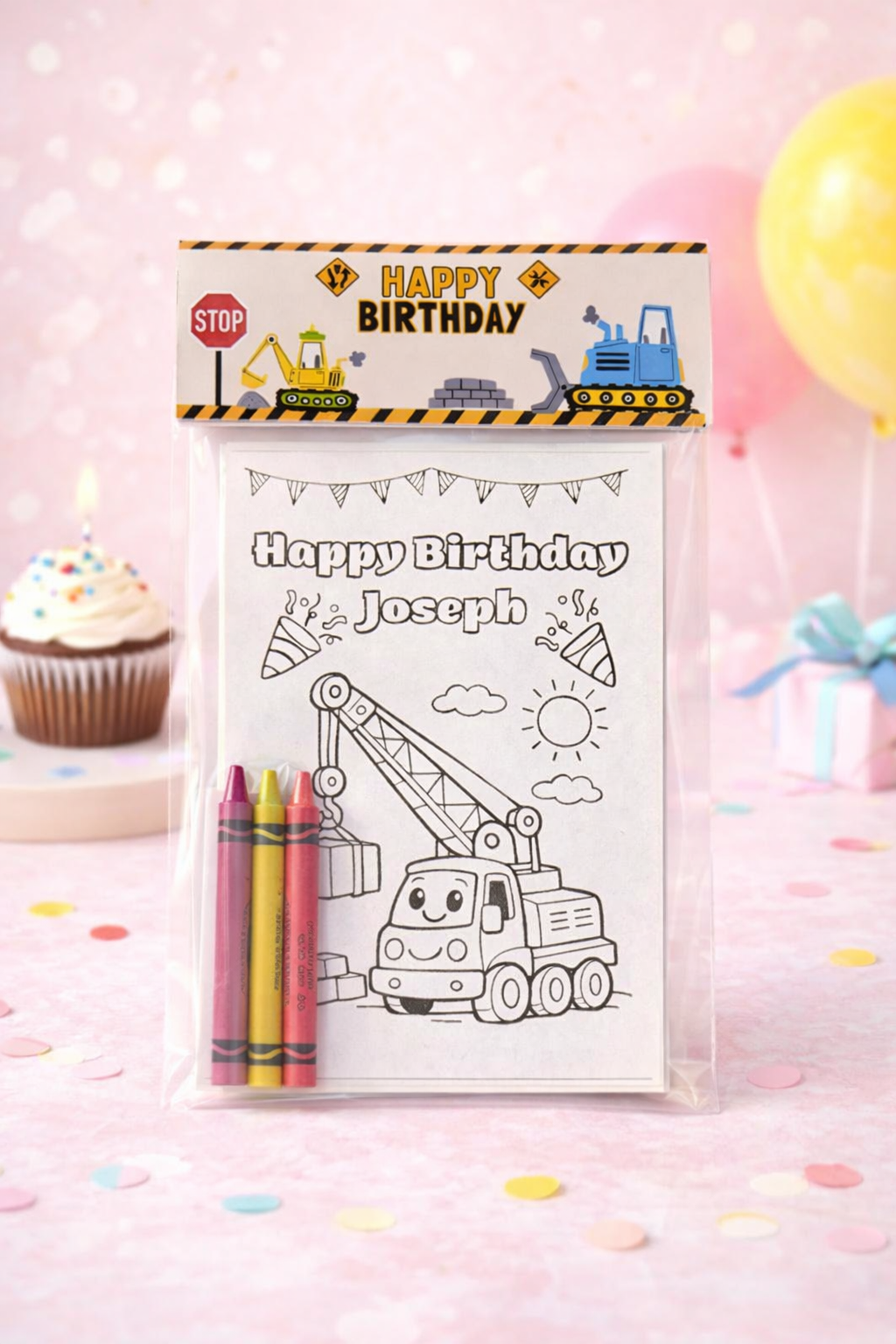 Construction Birthday Coloring Kit with Crayons | Kids Party Favor Pack | Personalized Truck Coloring Activity | Construction Party Theme
