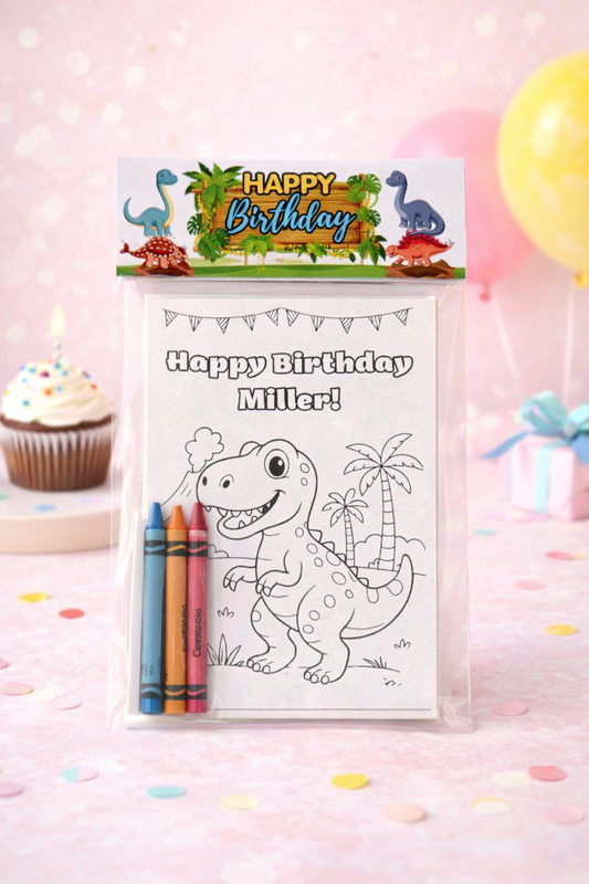 Dinosaur Birthday Coloring Kit with Crayons | Kids Party Favor Pack | Personalized Dino Coloring Activity | Dinosaur Party Theme