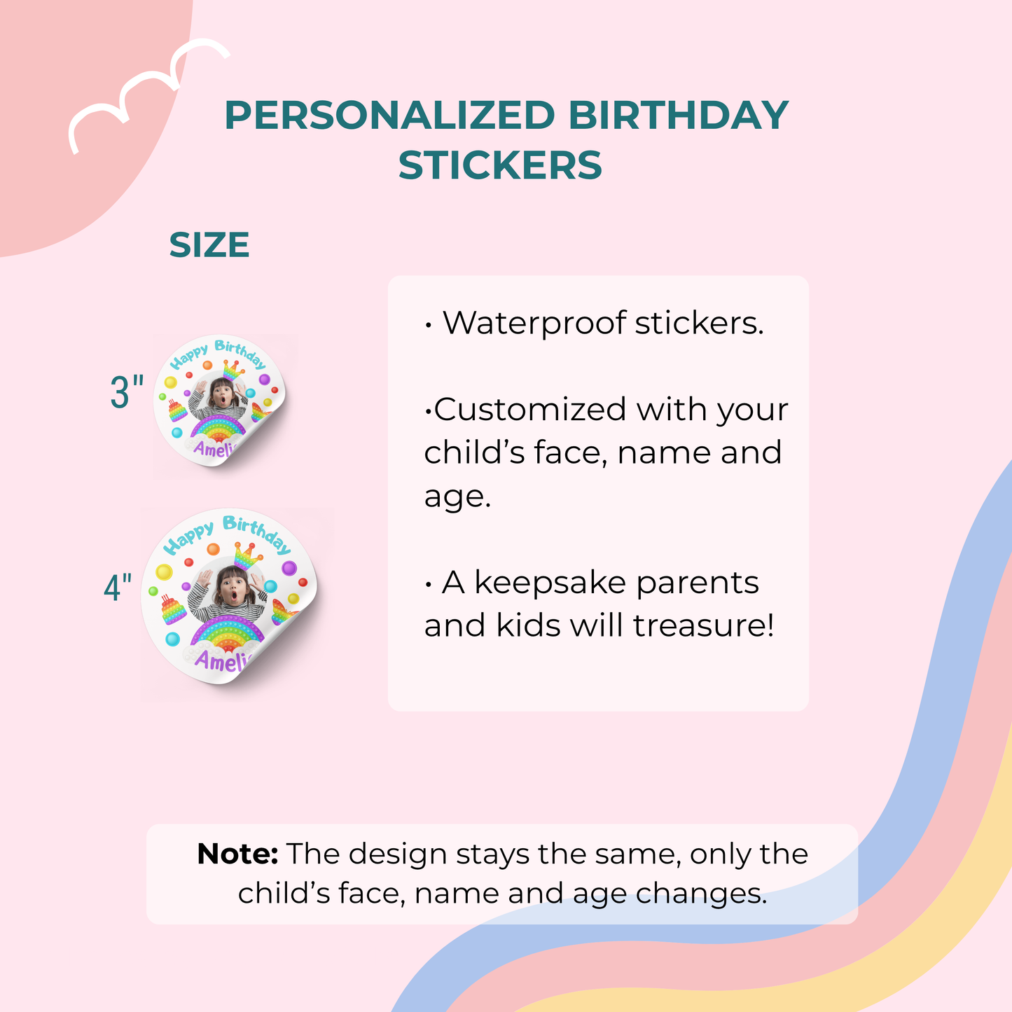 Personalized Birthday Face Stickers with Balloons – Custom Photo, Name & Age Party Stickers